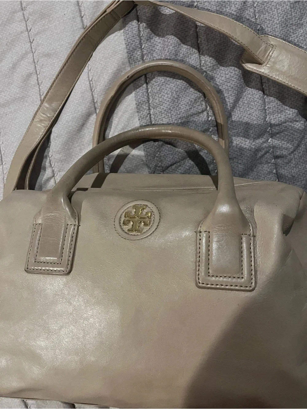 Tory Burch Beige Leather Satchel with Gold Logo